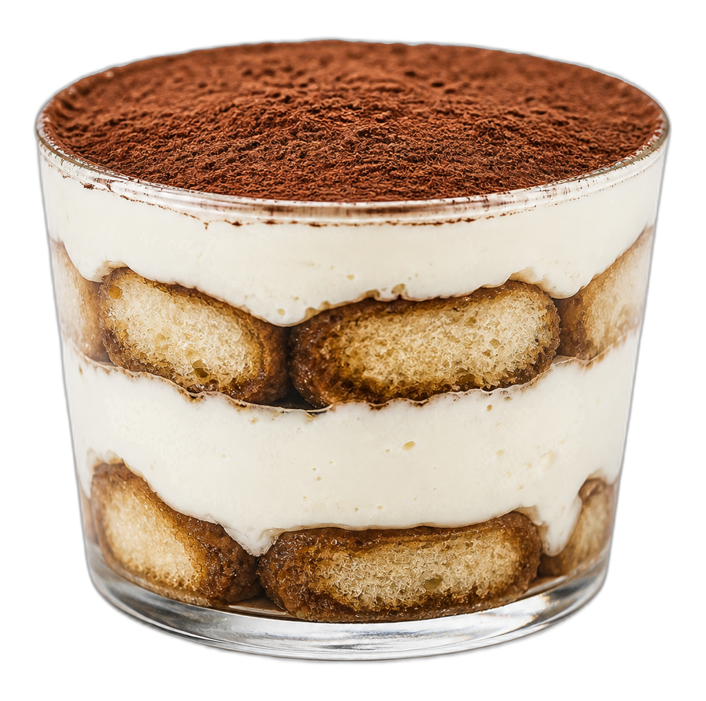Porción de Tiramisu by Laso en vaso de cristal, con capas visibles